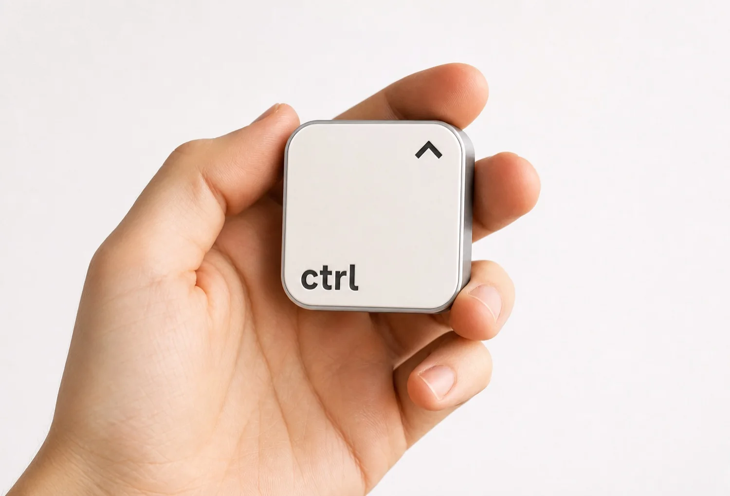 A hand holding the ctrl key in front of a light studio background