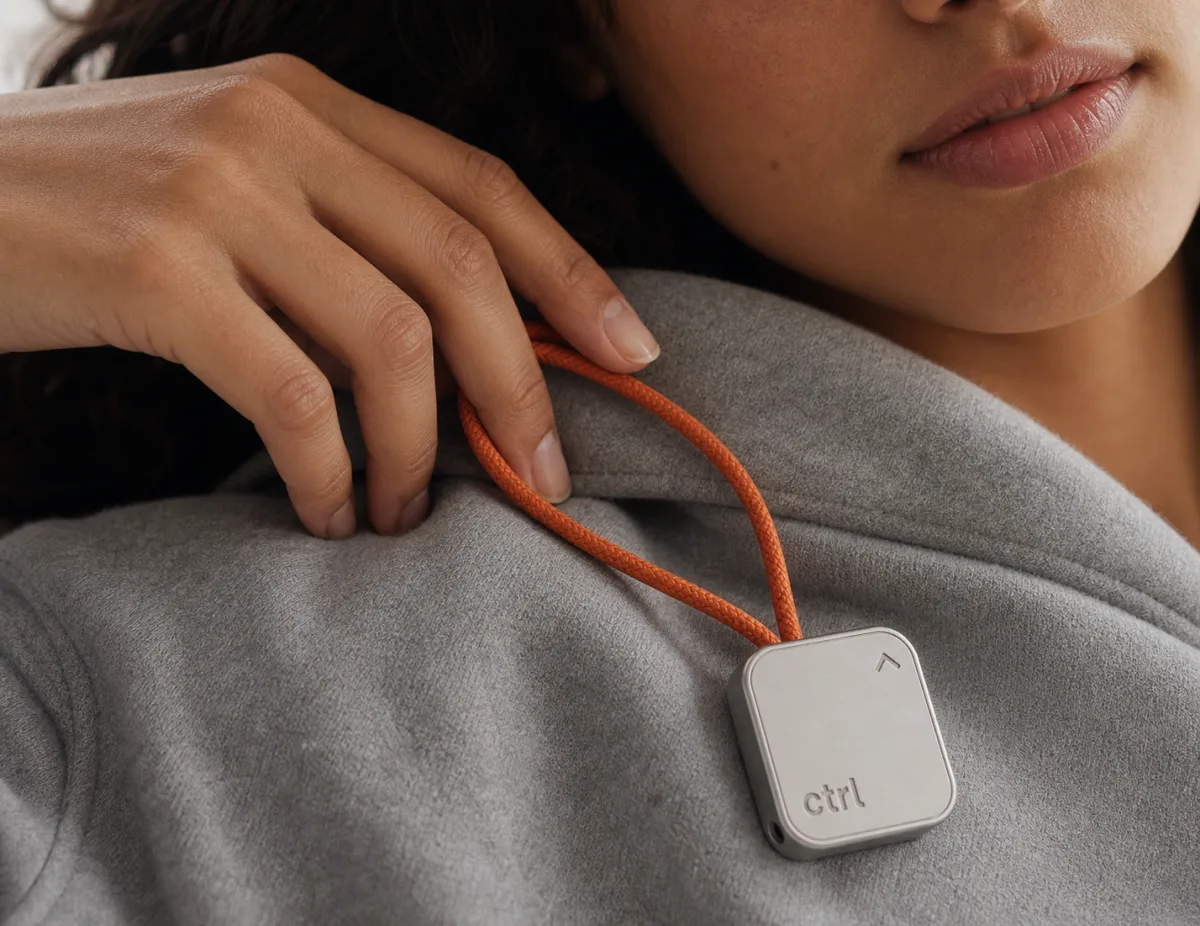 Two people close together, the ctrl key on an orange cord